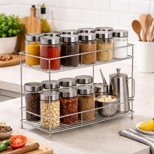 Image of Kitchen Organizer Rack Stainless Steel 2 Tier Kitchen Shelf Organizer for Countertop Storage Spice Stand Multipurpose Rack for Kitchen Storage Shelf Stand for Home and Office Use