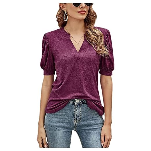 Camiseta feminina casual de verão NP com gola V e manga bolha, Licor, Medium