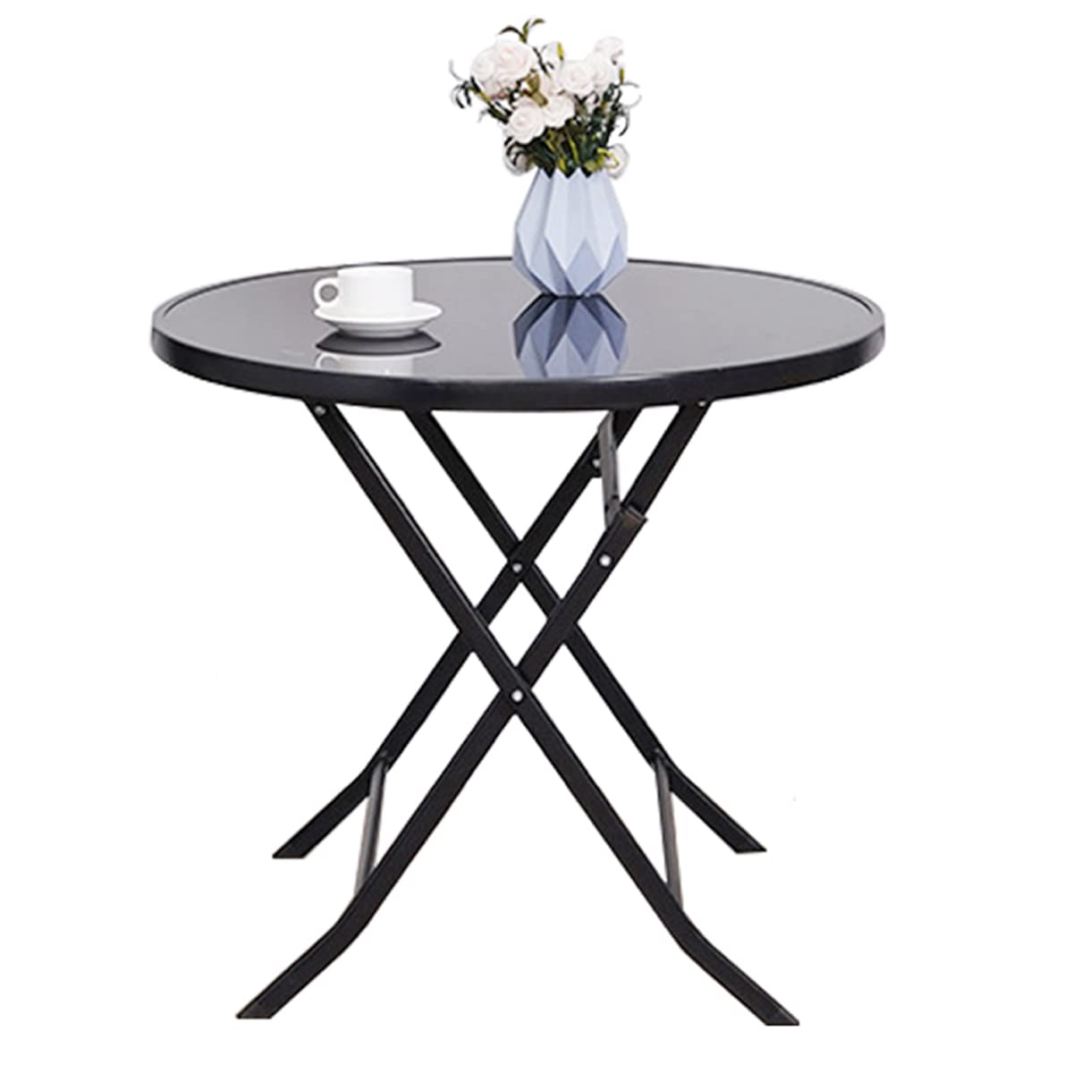 The Fellie Garden Table Outdoor Dining Table Tempered Glass Top Coffee Table Folding Patio Side Table(Round Folding-80x80x70cm)