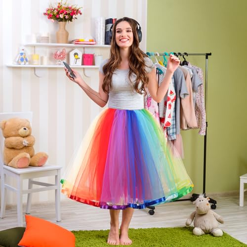 AUYAO Tüllrock Damen, 50er Regenbogen Tütü Tüllrock, Mehrschichtiger, Elastischer Taillen Tüllrocks für Erwachsene für Karneval, Halloween, Kostümparty, Mottoparty