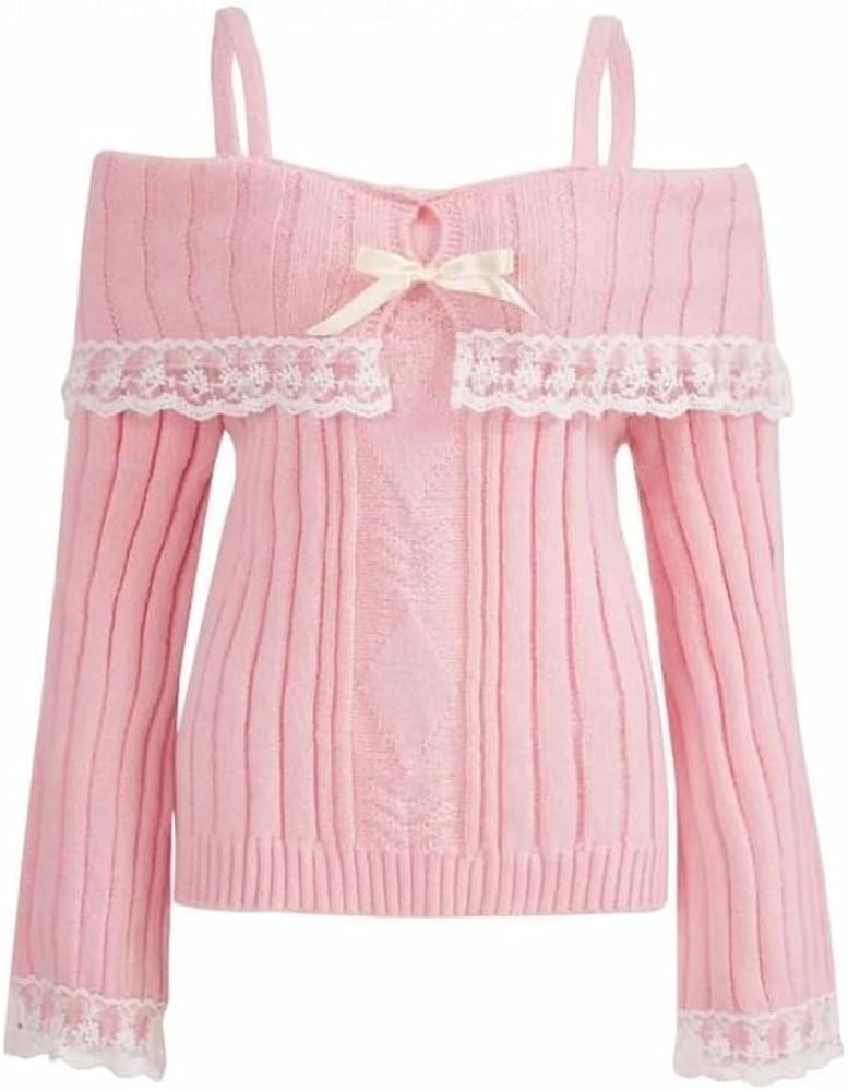 Cutecore Kawaii Women Off Shoulder Knit Sweater Pink Pullover Y2k