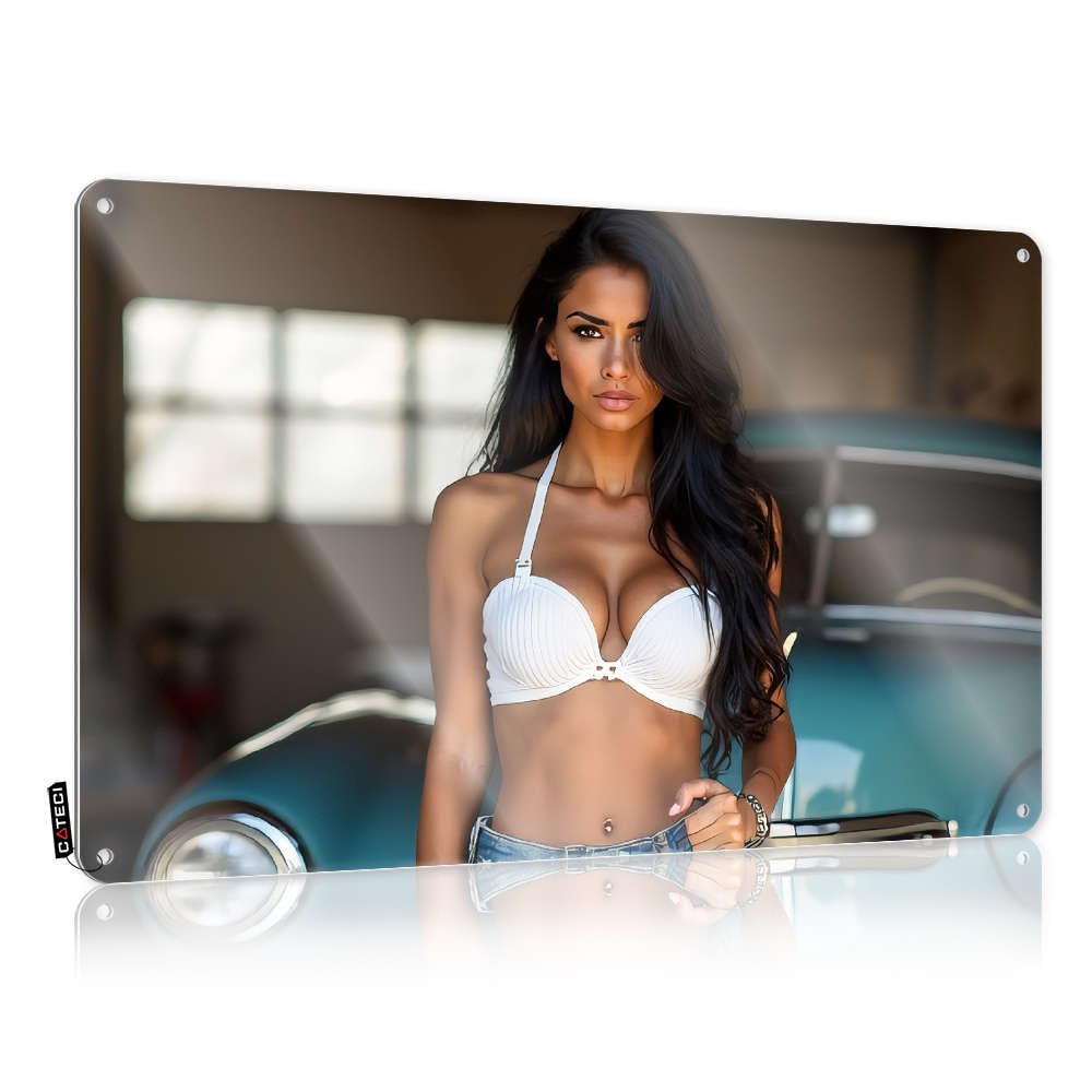 Western Wall Signs Rustic Wall Poster, Decaor Funny Quote Design For Terrace Garage | Return Anti-rust Metal A Woman In A White Bra Standing Next To A Classic Car(30X40CM)