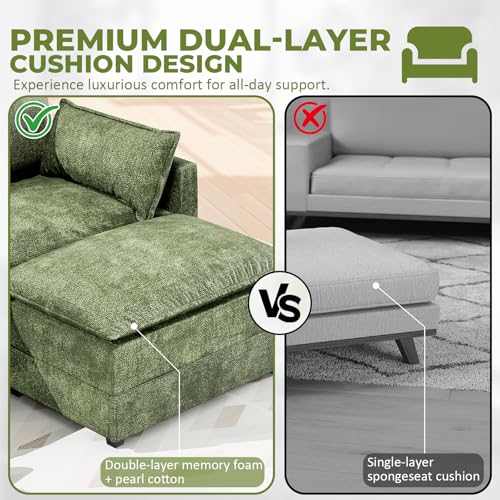Image of LEVELEVE 112.5 inch L-Shape Modular Sofa with 1 Ottomans, Deep Seat Cloud Convertible Sleeper, 3 Throw 2 Arm Pillows, Comfortable Upholstered Furniture for Living Room Apartment, Green