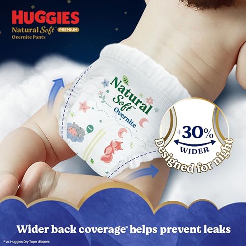 Image of Huggies Natural Soft Overnite Diaper Pants| Premium Pant Style Baby Diapers Medium Size (L Size | 9-14 Kgs), 34 count| Keeps baby dry all night with cloud softness all over (Pack of 2)