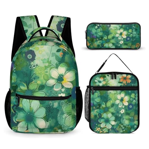 Abstract Seasonal Green Floral Backpack Set Lightweight Bag Lunch Box Pencil Bags for Women Men Bookbags 3 in 1