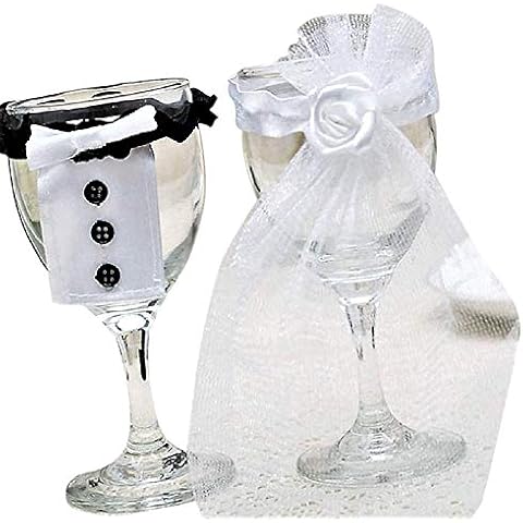 The Crafty Owl Set of 2 Bridal Veil/Groom Tux/Bow Knots Wedding Bride & Groom Wine Glass Cup Cover Cover