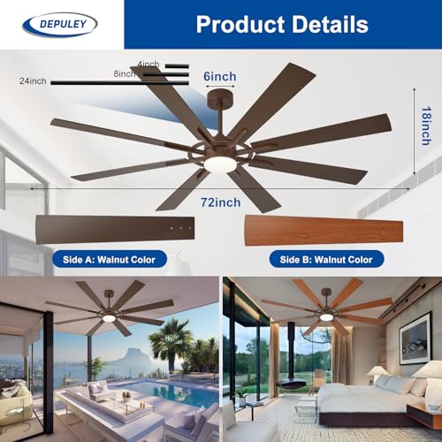 Image of Depuley 72-Inch Ceiling Fan with Light: Modern 8-Blade Brown Indoor Outdoor Fans with Remote App Control Dimmable Light - Ultra Quiet DC Motor Reversible 6 Speed Timer