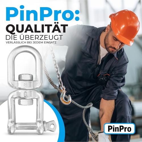 PinPro A4 Edelstahl Drehwirbel Auge-Gabel Form in mehreren Größen bis 3150kg Bruchlast | Rostfreier AISI 316 Wirbelschäkel | 360° drehbare Ösen für Boxsack oder Hängesessel (1x 6x66mm 1130kg)