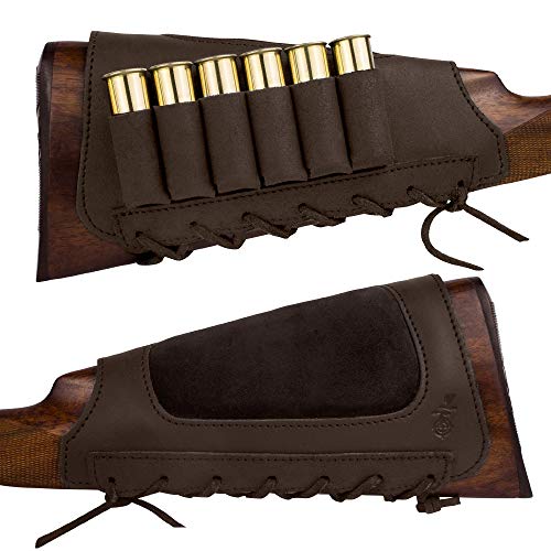 BRONZEDOG Leather Cartridge Buttstock Shotgun Shell Holder Hunting Buttstock Ammo Holder Pouch Bag for Rifles Shotgun Shell Pouch Shell Holder Stock .300 .30-06 .308 Cal (Brown)