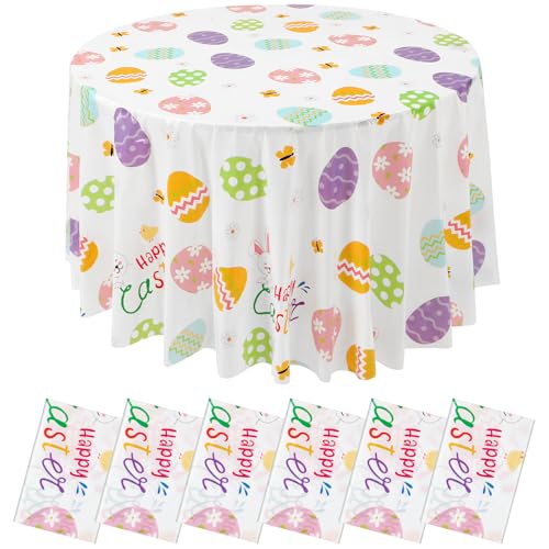 Image of Hahafelt 6 Pcs Spring Easter Plastic Round Tablecloth 84 Inch Colorful Egg Disposable Table Cover Pastel Bunny Flower Watercolor Egg Circular Table Cloth for Spring Easter Birthday Party Decoration