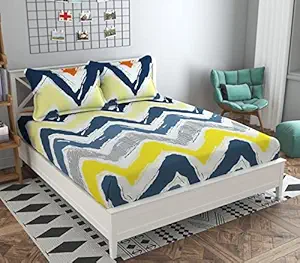 STEDO Homes | Pure Glace Cotton Printed Elastic Fitted Double Bed Bedsheet with Two King Size Pillow Covers | All Around 360 Elasticated | Color Yellow | Size, 72 x 78 x 8 Inches