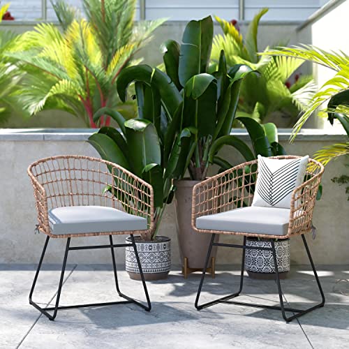 Flash Furniture Devon Set Of 2 Patio Boho Club Chairs - Rope With Natural Finish Pe Wicker Rattan - Light Gray Seat Cushions And Sled Base - Indoor/Outdoor Use #TOP1