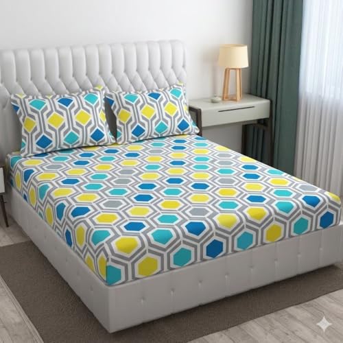 Image of Cotton Bolls Textiles Glace Cotton Flat Bedsheet 90x90 Inch with 2 Pillow Covers - Soft Breathable Glace Cotton, Printed Bedding Set for Double Bed
