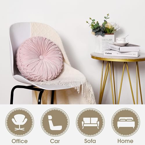 Image of HIG Set of 2 Pink Ruched Velvet Round Throw Pillows - 14.5'' Decorative Pillows with Soft Polyester Filling for Couch, Bed, Living Room, Bedroom, or Dorm - Handmade, Stress Relieving, All-Season