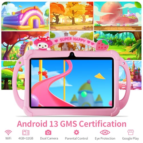 Image of PRITOM 7-inch Android Tablet, 2GB RAM, 32GB Storage, Quad-core Processor, 1024x600 IPS Display, Wi-Fi and Bluetooth, Shock-Resistant Protective case, Built-in Parental Controls (Pink)