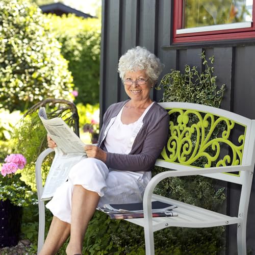 Image of VINGLI Outdoor Bench for Patio Metal Garden Bench w /PVC Back Pattern, Black Park Benches Front Porch Benches for Yard Lawn Decor Deck Entryway (White&Green)