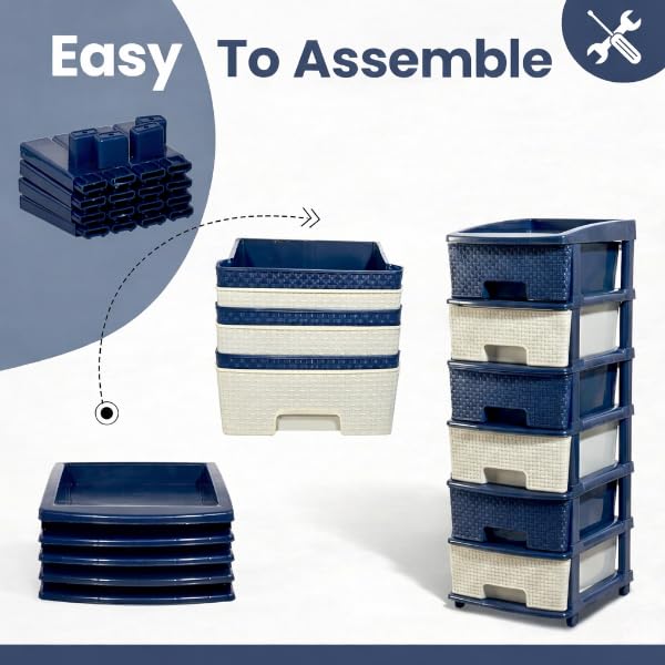 Image of Plastic Modular Drawer Storage Chest Of Drawers Organizer Storage Box, Large Stomo Racks For Multipurpose Anti-slip Shoes Organizers (White & Blue, 6 Layer)