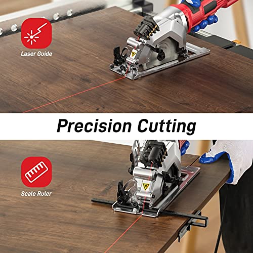 Mini Kreissäge, Handkreissäge 480W 3500RPM mit Laserführung, Skalenlineal, 2 Sägeblättern, maximale Schnitttiefe 43mm… – Bild 4