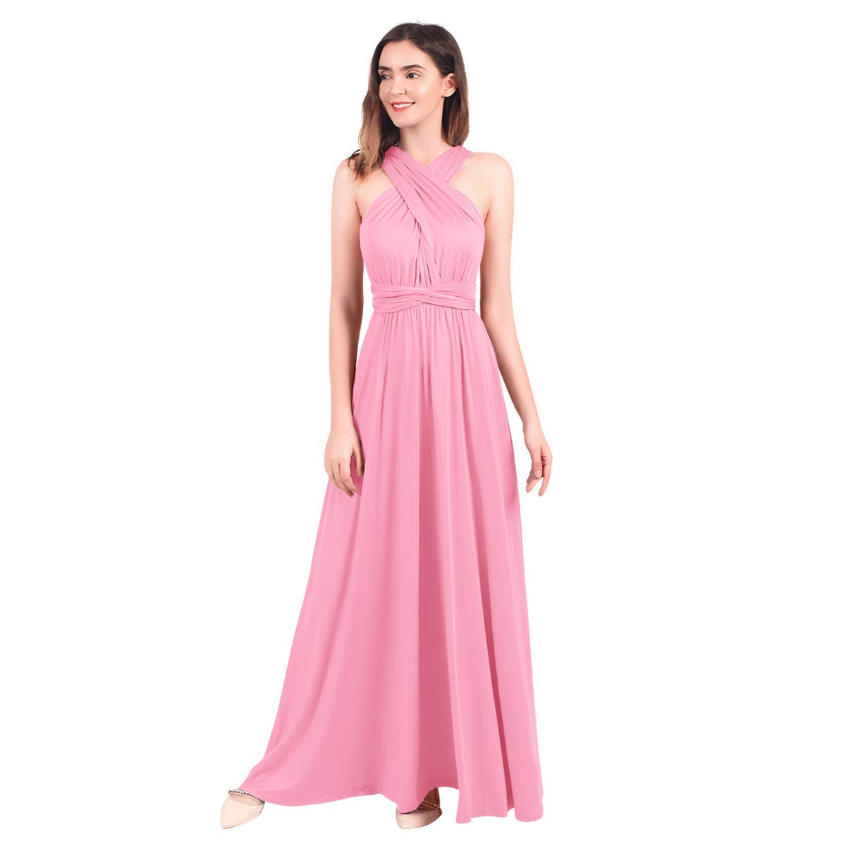 Womens Sexy Convertible Multi Way Wrap Transformer Solid Cocktail Off Shoulder Wedding Bridesmaid Evening Long Maxi Dress Floor Length Bandage Pageant Prom Ball Gowns Pink S