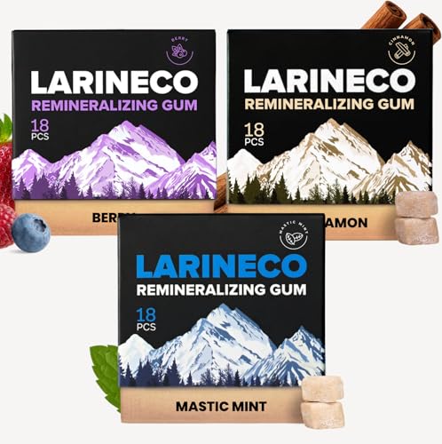 Larineco Remineralizing Gum with Nano Hydroxyapatite & Xylitol Sugar-Free Xylitol Gum Plastic-Free Dye-Free Aspartame-Free Natural Base 18 Pieces (18 Count (Pack of 3) Mastic Mint Cinnamon Berry)