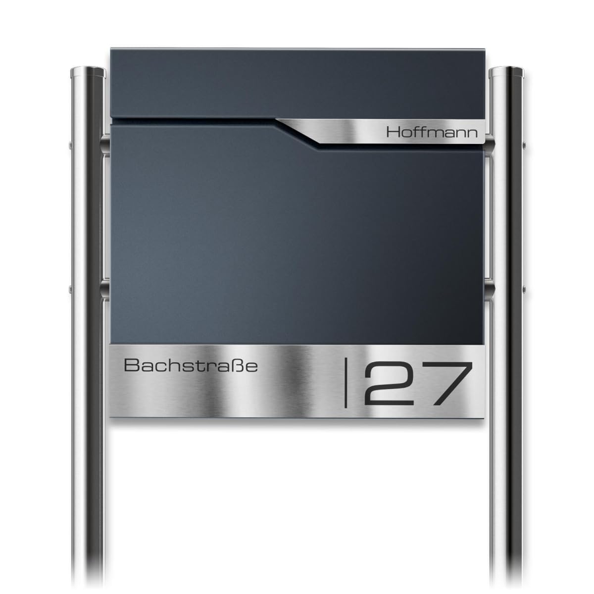 Metzler Boîte aux Lettres sur Pied Anthracite avec Compartiment journaux – Plaque Nominative INOX personnalisée – Design Moderne, Acier thermolaqué étanche et résistant | Siebert