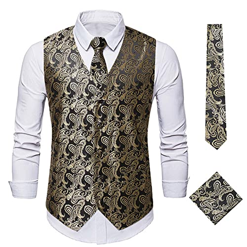 Mens Vest Tie Set Classic 3pc Jacquard Paisley Vest and Necktie Pocket Square Formal Waistcoat for Suit or Tuxedo