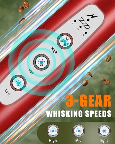 Image of YUSWKO Rechargeable Milk Frother for Coffee, Handheld Drink Mixer with 3 Heads 3 Speeds, Ideal Coffee Frother Wand for Travel - Red