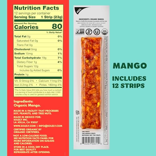 Image of Solely - Organic Mango Fruit Jerky - 12 Individually Wrapped Fruit Strips - Fruit Leather Made from Dried Fruits - Healthy Snacks, Vegan - 0.8oz (23g)