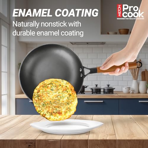 Image of Milton Pro Cook Induction Cookware & Gas Stove Friendly Cast Iron Fry Pan 26cm | Omelette Pan | Fish Fry Pan | Wooden Handle | PFOA Free | Scratch Resistant | Even Heat Cooking | Dishwasher Safe | Red