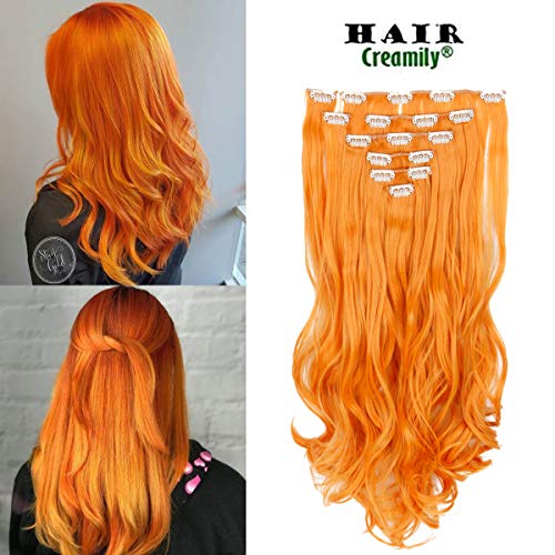 Creamily 8 Pcs Full Head Party Highlights Clip on in Hair Extensions Multi-Colors Synthetic Hairpieces (20-Inch Curly, Orange)
