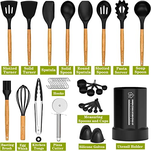 Silicone Kitchen Cooking Utensil Set, Fungun 35 Pcs Kitchen Utensils Spatula Set With Utensil Holder For Nonstick Cookware, Bpa Free Non Toxic Cooking Utensils, Kitchen Tools Gift (Black) #TOP1