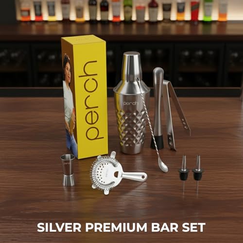 Image of O' Holic by Perch Craft 8-Piece Stainless Steel Bartender Kit|Premium Cocktail Shaker Set with Jigger 30 /60ml, Spoon,Pourer,Ice Tong, & Bar Tools|Professional Bar Set for Home &Tour Parties|Silver
