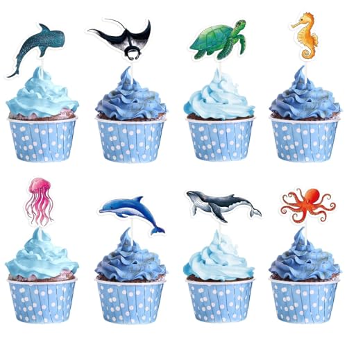 Décoration cupcake océan bleu | Topper gâteau animaux marins dauphin baleine anniversaire