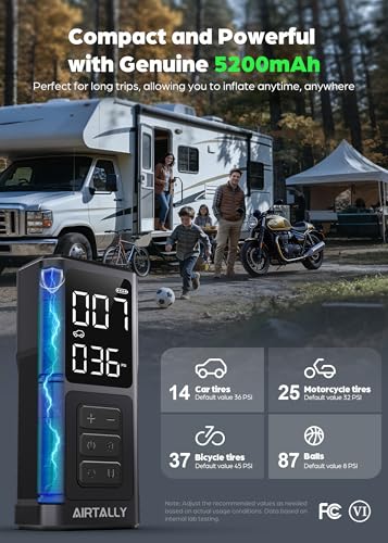 Image of Tire Inflator Portable Air Compressor - 5200mAh 150PSI Quickly Inflate Portable Air Pump for Car Tires /Bike /Basketball with LED Large Dual Screen, Pressure Gauge & Auto Shut-Off