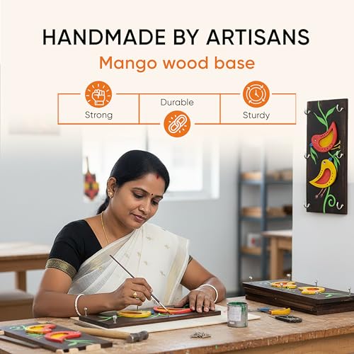 Image of AAKRITI ART CREATIONS Key Holder, Ini Mini Hand Painted Wooden Key Holder with Twin Bird Design | Rustic Mango Wood Wall Organizer with 6 Hooks | New Home Gifts.