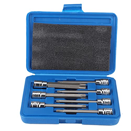 TOPINCN 7 Piezas Torx de Acero Al Cromo Vanadio Apto para Juego de Llaves de Vaso con Punta de Estrella Eje Largo de Accionamiento 3/8 para Sistemas de Fijación Torx Estuche de Plástico Portátil