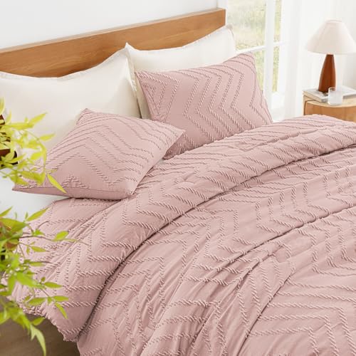 Image of Litanika Boho Queen Comforter Set, 3 Pcs Blush Pink Lightweight Bedding Set