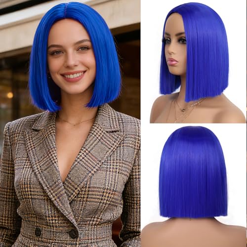 Tereshar Dark Blue Bob Wigs for Women Girls Costume Heat Resistant Synthetic Hair Women's Costume Wigs Cute Middle Part Fashion Colored Bob Wigs for Fun Cosplay Halloween Party(12inch)