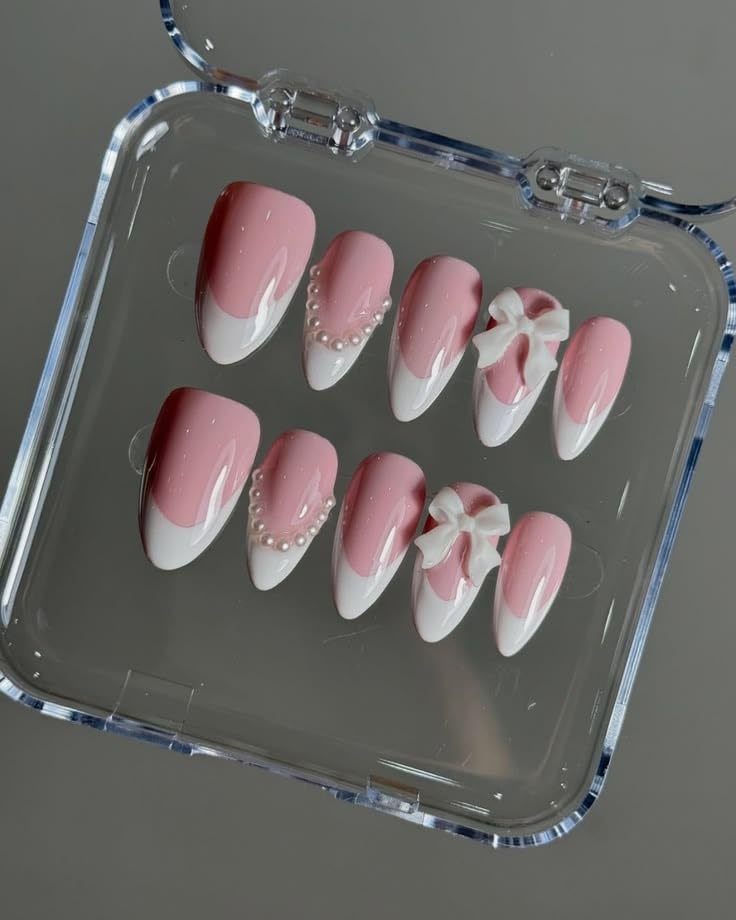 Premium Classic Nails Press-On Nail Set 24pcs, Nude Pink, French Tip with 3D Bow and Pearl Design, Reusable Full Cover Extensions 24 pcs-image-37