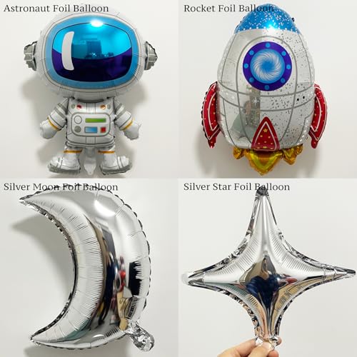 Image of ECEAE 137Pcs Space Balloon Arch Garland Kit - Dusty Blue Nude White Color Balloons with Rocket Astronaut Moon Star Balloons, for First Trip Around the Sun Baby Boy Birthday Party Decorations