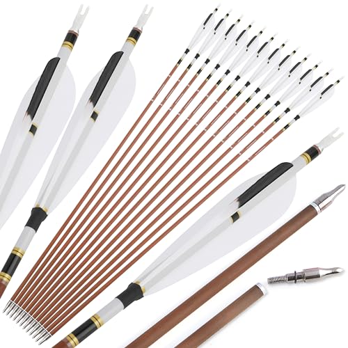 ZSHJGJR 31 Carbon Arrows Spine 340 400 500 600 Archery Hunting Arrows with Natural Feather Removable Tips Targeting Arrows for Compound & Recurve & Traditional Bow 6/12pcs (Spine 340 12pcs)