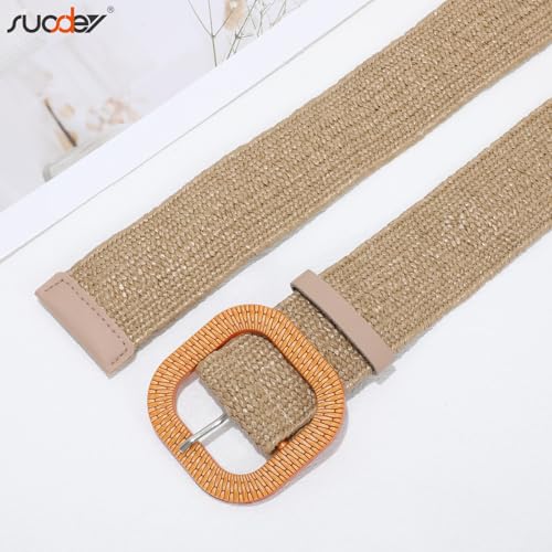 Image of SUOSDEY 2 Pack Straw Woven Elastic Belt Braided Stretch Wide Boho Rattan Waist Belt for Women Dresses, 02-khaki+beige, Fit Waist up to 35''