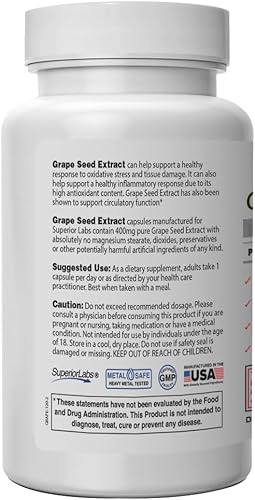 Miniatura 2 de SuperiorLabs - Extracto de semilla de uva - 95% de polifenoles - 400 mg, 120 cápsulas vegetales - Alto contenido de antioxidantes - Flujo sanguíneo