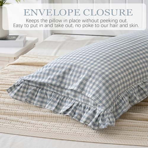 Blue White Plaid Ruffled Body Pillow Sham Washed Cotton Shabby Checkered Gingham Pillow Cover 20"x54"