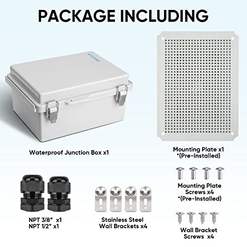 Image of TICONN Outdoor Electrical Box Waterproof, Junction Box IP67 ABS Plastic Enclosure with Hinged Cover with Mounting Plate, Wall Brackets, Cable Glands (Off-White, 15.7 inchx11.8 inchx7.1 inch)