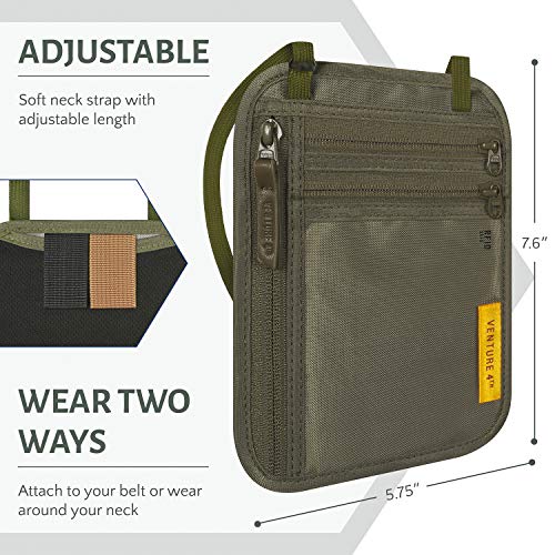 Venture 4Th Rfid Blocking Travel Neck Wallet For Men & Women - Slim Minimalist Design Security Neck Pouch - Ideal Passport Holder To Keep Your Cash, Credit Cards, And Phone Safe When Traveling (Green) #TOP3