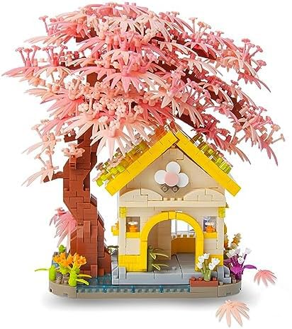 GaoDeBuChou Sakura Wishing Tree and House Building Block Set,1500 PCS Cherry Blossom Bonsai Mini Micro Brick Kit,Flowers Botanical Gift for Adult 14+Children(With A Light Kit)