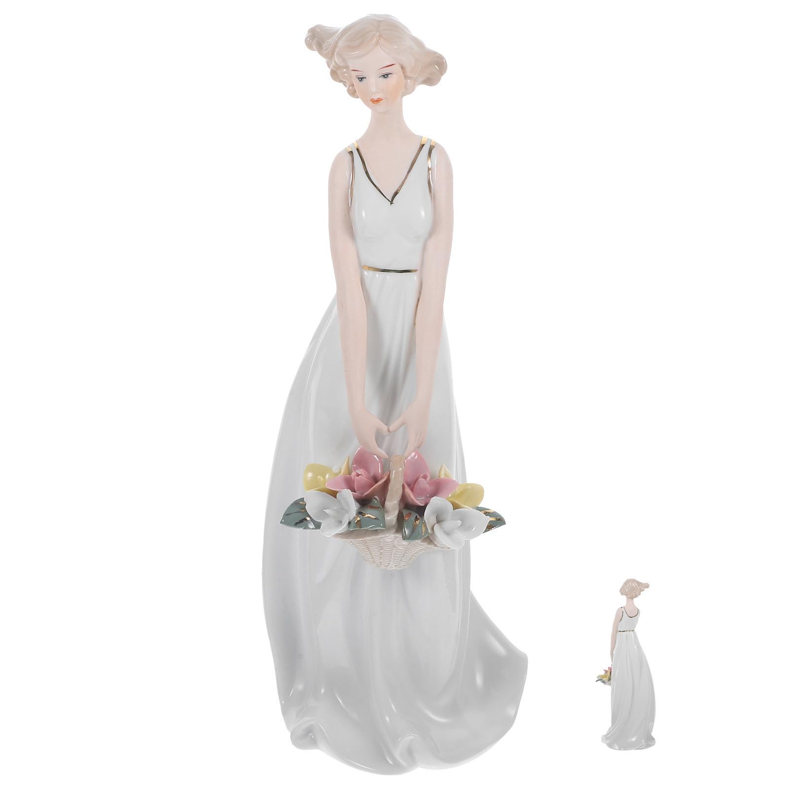 Estatua de Cerámica Mujer Elegante en Tonos Claros para Escritorio y Hogar