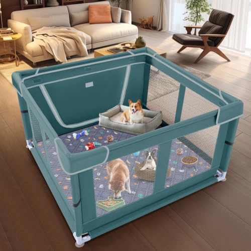 Image of XVISHX 42x42 Inches Puppy Playpen with Dog Pads, Dog Playpen for Puppies or Small Dogs, Pet Playpen for Indoor & Outdoor, Thickened Fabric, High-Strength Nylon Wire Mesh, Bluish Green