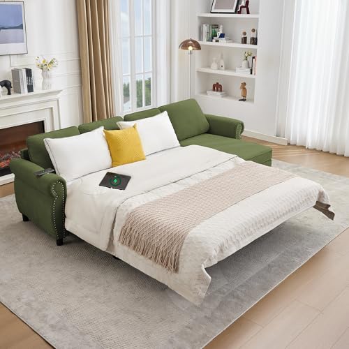 Image of ERYE L-Shaped Reversible Sectional Sofa with Pull Out Queen Memory Mattress Sleeper Bed, 2-in-1 L-Shaped Corner Sectional Couches W /Wireless Charging, Storage Chaise Lounge